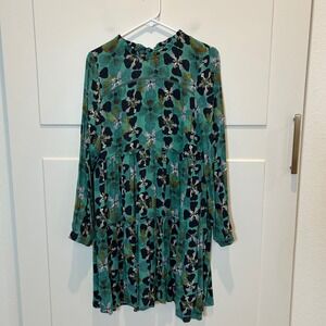 Knox Rose Teal Floral Tiered Long Sleeve Ruffle Neck Mini Dress Size‎ Small